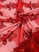 King Damask Lace Fabric - Red - Corded Embroidery with Sequins on Mesh Lace Fabric By Yard