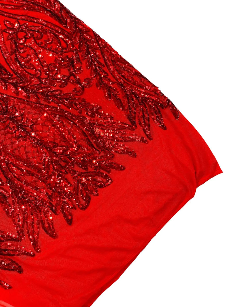 Mermaid Design Fabric - Red - 4 Way Stretch Sequins Fabric on Lace Mesh Sold By Yard