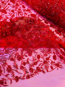 Floral Plant Bead Design - Red - Beaded Flower Plants Embroidered  Sequins Fabric By Yard