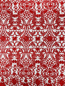 Damask Fancy Design - Red - Embroidered Black Mesh Damask Design Lace Fabric Sold by Yard