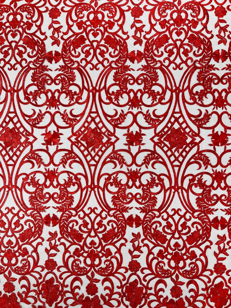 Damask Fancy Design - Red - Embroidered Black Mesh Damask Design Lace Fabric Sold by Yard