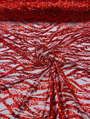 Wavy Floral Beaded Fabric - Red - Geometric Beaded Sequins Embroidered Fabric Sold By Yard