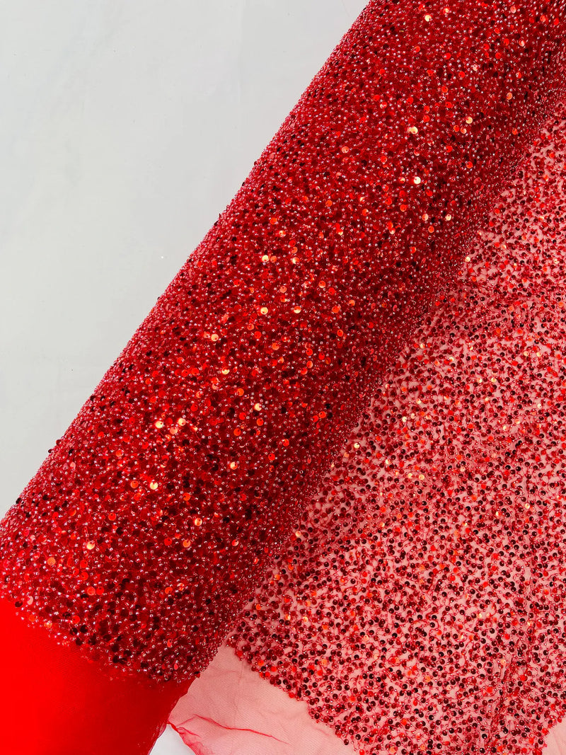 Beaded Sequins Pearl Fabric - Red - Embroidered Pearl Beads and Sequins on Lace By Yard