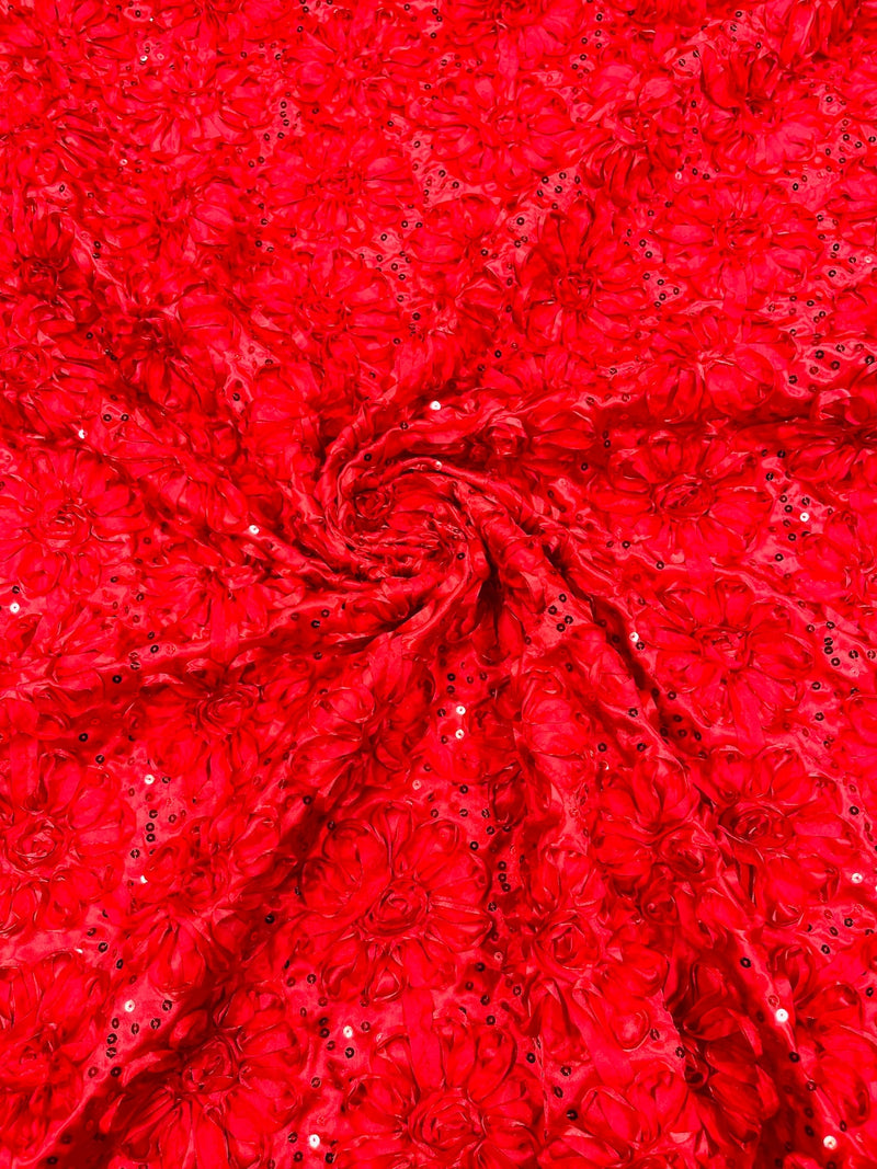 Sequins Satin Rosette Fabric - Red - 3D Satin Rose Sequins Floral Fabric Sold By The Yard