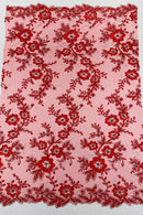 Floral Two Tone Lace Fabric - Red - Sequins Embroidery Floral Lace Fabric Sold By Yard