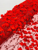 3D Glitter Floral Fabric - Red - Floral Line Glitter Designs on Mesh Fabric Sold By Yard