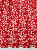 Flower Plant Sequins Fabric - Red - Embroidered Sequins On Flower Pattern Lace By Yard