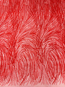 Glitter Lines on Tulle Lace Fabric - Red - Tulle Glitter Mesh Line Design Fabric Sold By Yard