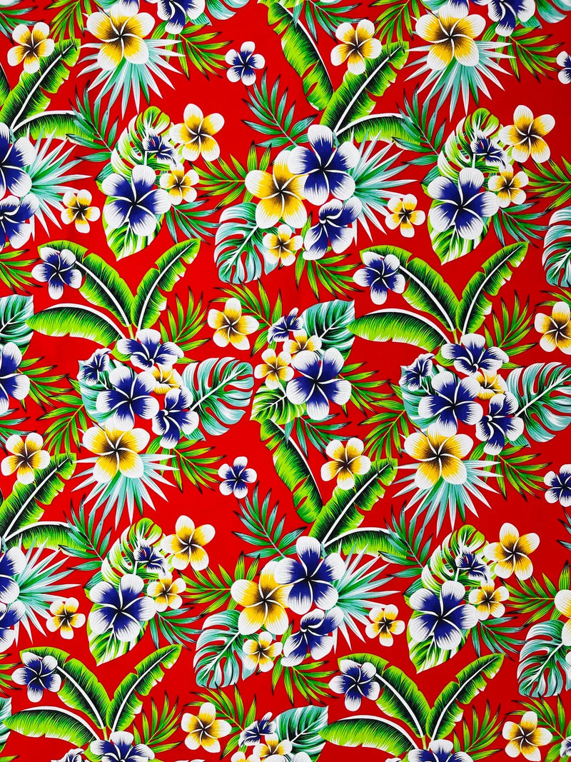 Hawaiian Floral Print Fabric - Red - 45" Plumeria Tropical Flower Cotton Fabric by Yard