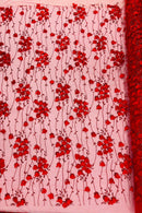 3D Floral Glitter Fabric - Red - 3D Sequins and Glitter Floral Design on Mesh Sold By Yard
