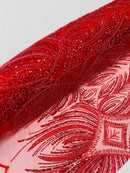 Beaded Line Fabric -  Red - Luxury Bridal Line Pattern Fabric With Beads, Sequins Sold By Yard