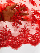 Damask Flower Lace Fabric - Red - Damask Flowers Embroidered on Lace Fabric By Yard