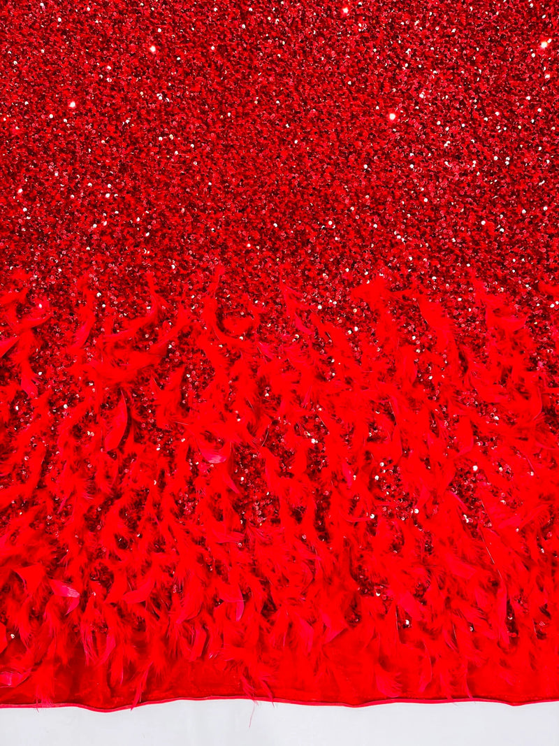 Feather Sequin Velvet Fabric - Red - 5mm Sequins Velvet 2 Way Stretch
