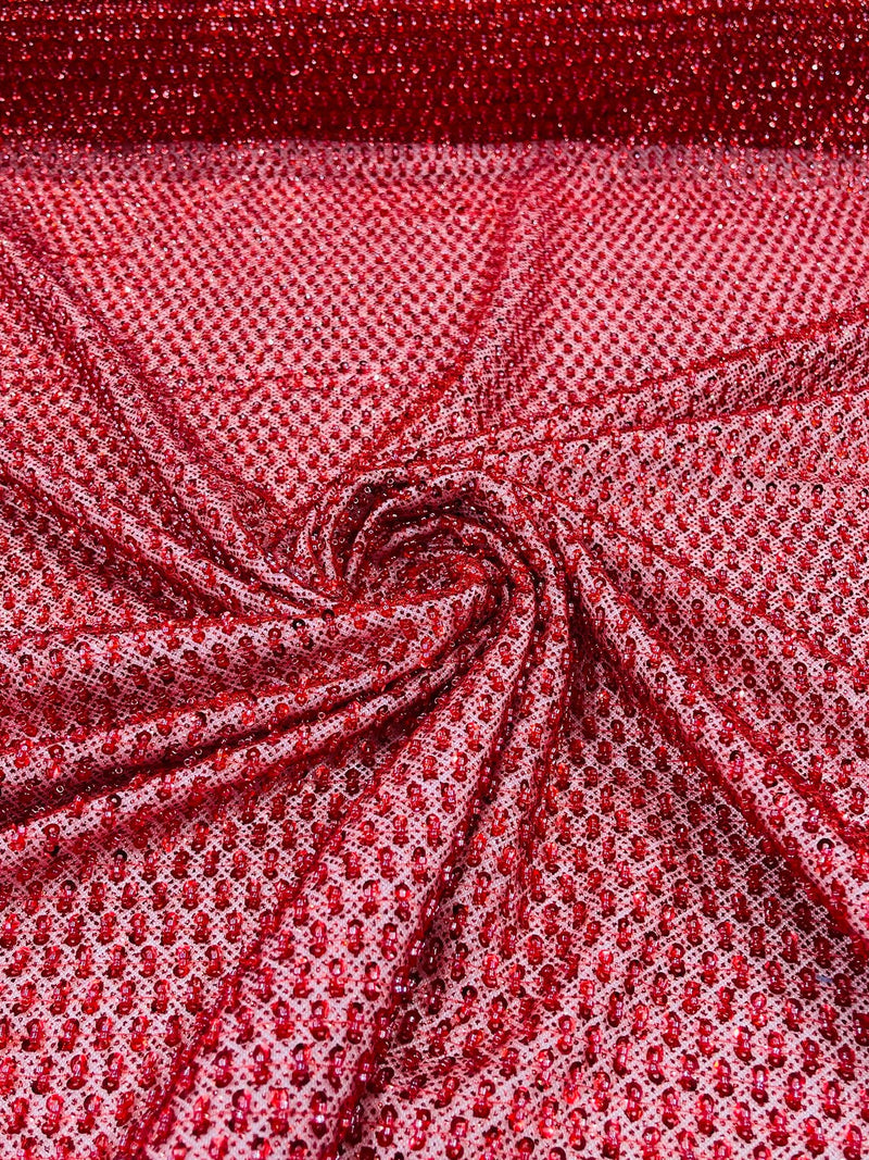 Glitter Tulle Bead Fabrics - Red - 60" Wide Shiny Glitter Mesh Fabric Sold By The Yard