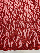 Flaming Fire Design Bead Fabric - Red - Beaded Embroidered Fabric By Yard
