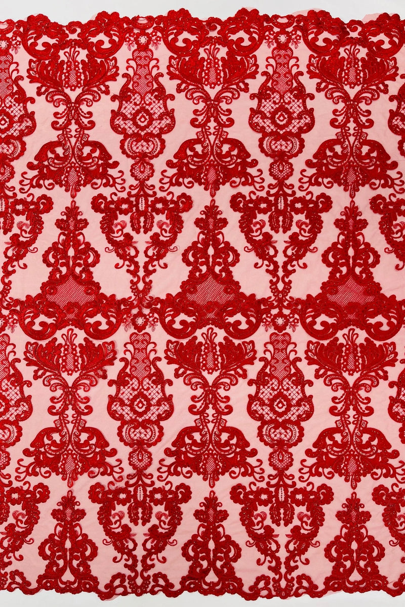 King Lace Design Fabric - Red - King Design with Sequins Embroidered On Mesh By Yard