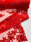 Rose Beaded Sequin Fabric - Red - Embroidered Floral Pattern with Beads and Sequins By Yard