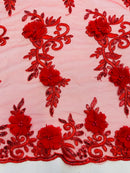 3D Floral Cluster with Border Lace - Red - Flower with Leaves Design 3D Fabrics Sold By Yard