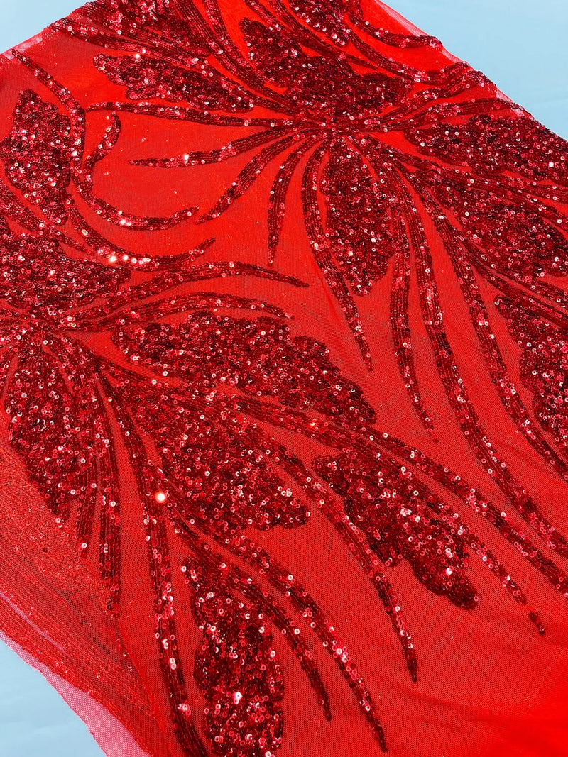 Wavy Leaf Design Fabric - Red - 4 Way Stretch Sequins Lace Mesh Leaf Design Fabric by Yard