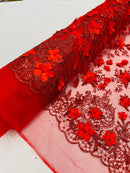 30 Yards 3D Glitter Floral Fabric - Red - Glitter Sequin Flower Design on Lace Mesh Fabric