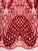 Beaded Embroidered Fabric - Red - Embroidered Heart and Feather Pattern Fabric Sold By Yard