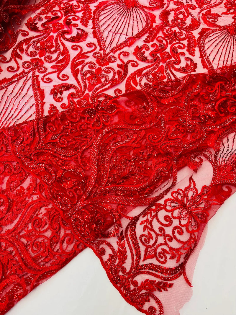 Leaf Damask Bead Fabric - Red  - Embroidered Sequins Heavy Beaded Lace Fabric by Yard