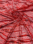 Wavy Leaf Lines Fabric - Red - Beaded Sequins Leaf Pattern Embroidered On Mesh By Yard