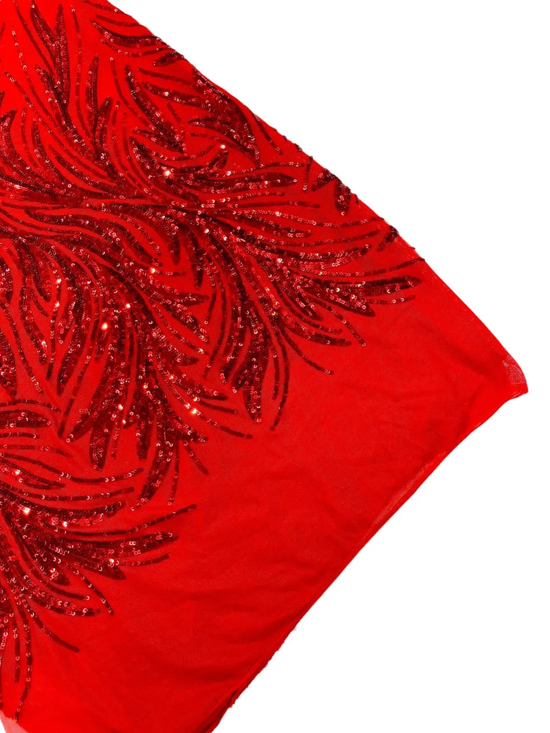 Leaf Stretch Sequins Fabric - Red - 4 Way Stretch Sequins on Lace Mesh Fabric by Yard