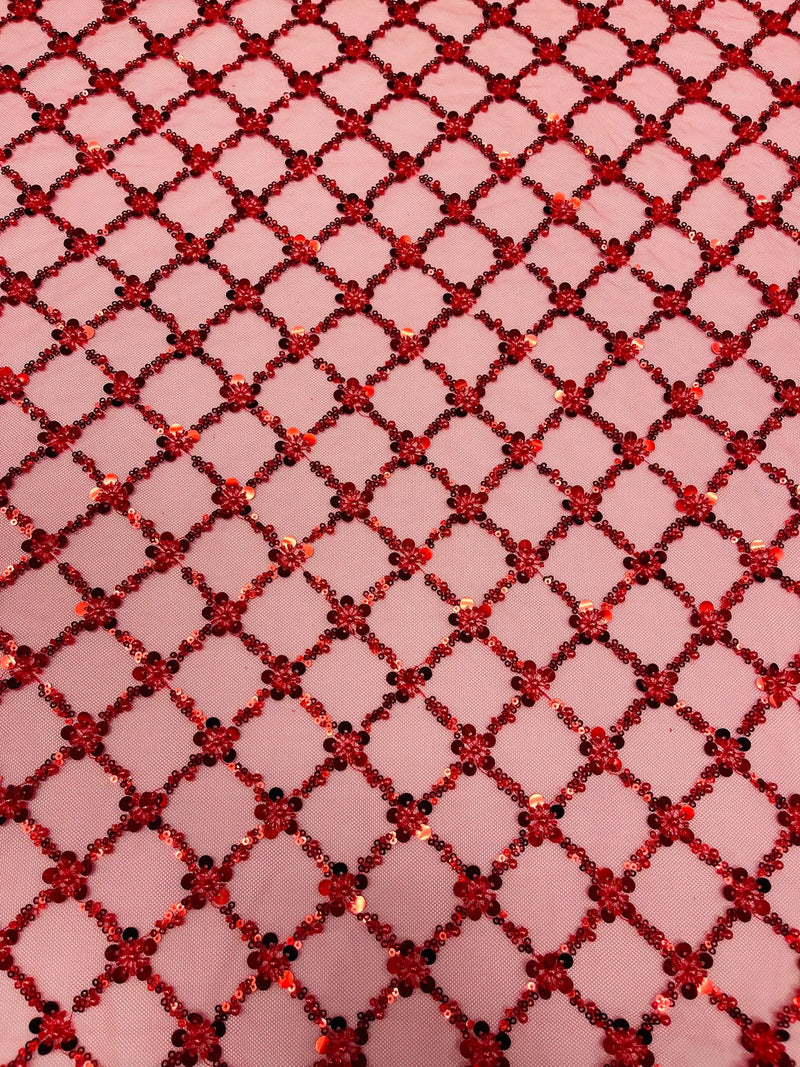 Diamond Net Bead Fabric - Red - Geometric Embroidery Beaded Sequins Fabric Sold By The Yard