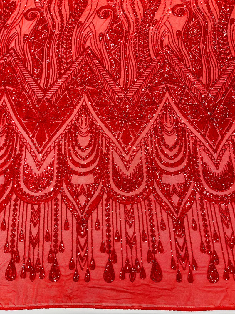 Zig Zag Tear Drop Sequins - Red - Embroidered Zig Zag Sequins 4 Way Stretch By Yard