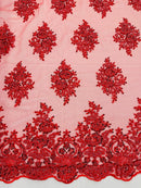 Heavy Bridal Lace Fabric - Red - Floral Beaded Heavy Lace Fabric Sold by Yard