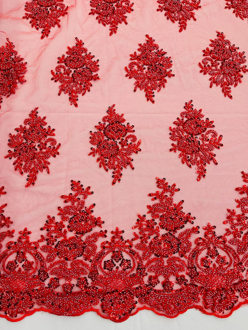 Heavy Bridal Lace Fabric - Red - Floral Beaded Heavy Lace Fabric Sold by Yard