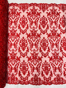 Beaded Butterfly Pattern Fabric - Red - Damask Fancy Bead Sequins Fabric Sold by Yard