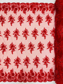 3D Floral Valentina Lace Fabric - Red  - Sequins and Beads on Flower Design Fabric By Yard