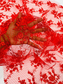 Floral Cluster Corded Fabric - Red - Fancy Flower Embroidery Lace Mesh Fabric By Yard