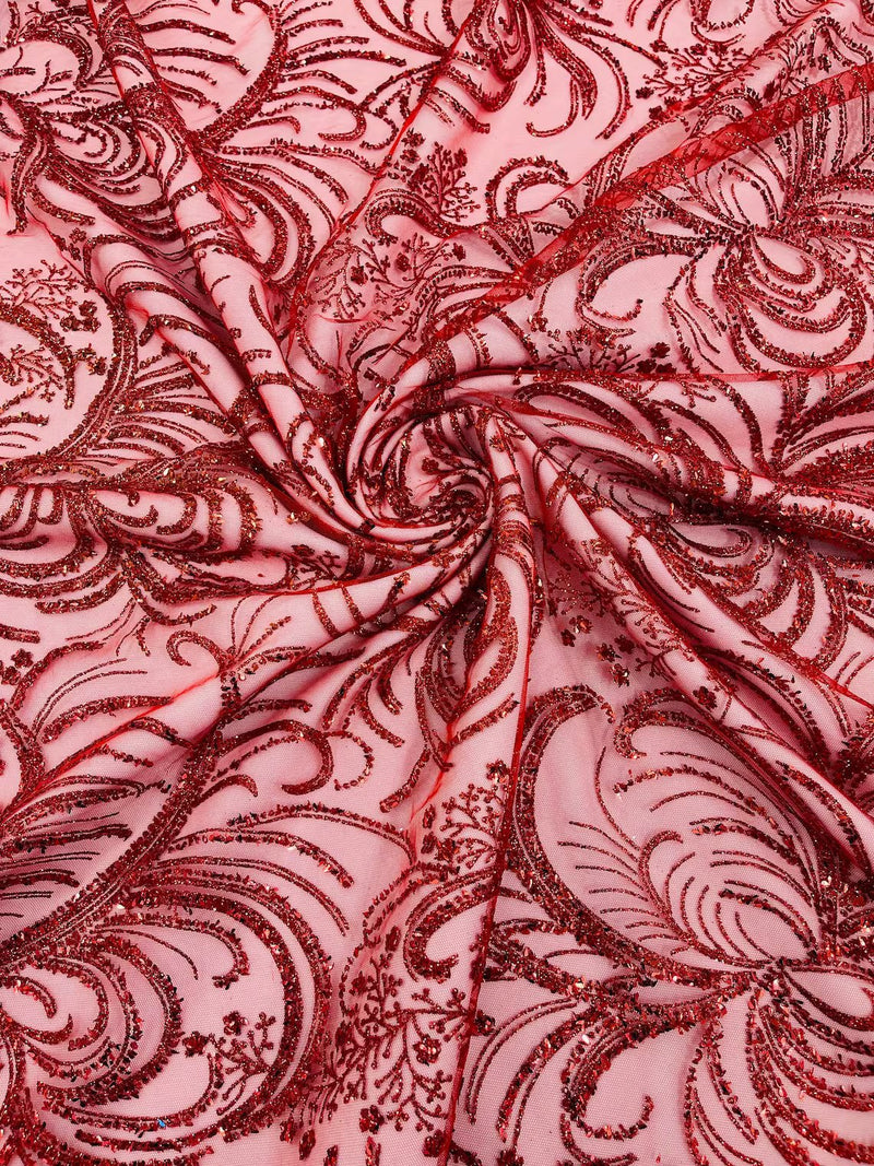 Palm Leaf Design Glitter Fabric - Red - Tulle Glitter Mesh Line Design Fabric Sold By Yard