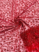 Small Glitter Flower Fabric - Red - Shimmer Glitter Flower Design on Mesh Lace By The Yard