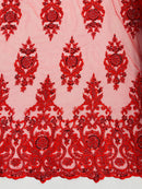Embroidered Bead Fabric - Red - Floral Damask Bead Bridal Lace Fabric by the yard