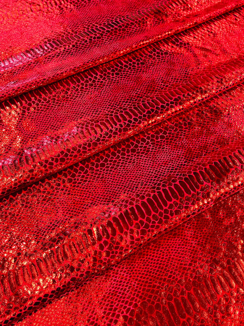 Anaconda Foil Velvet - Red - Shiny Foil Velvet Anaconda Snake Print Fabric Sold By The Yard