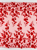 Floral 3D Pearl Fabric - Red - Embroidered Double Border Flower Design Pearl Fabric By Yard