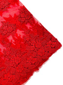 Flower 3D Corded Fabric - Red - Lace Mesh Fabric Embroidered Floral Design by Yard
