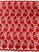 Metallic Floral Lace Fabric - Red - Hologram Sequins Floral Metallic Thread Fabric by Yard