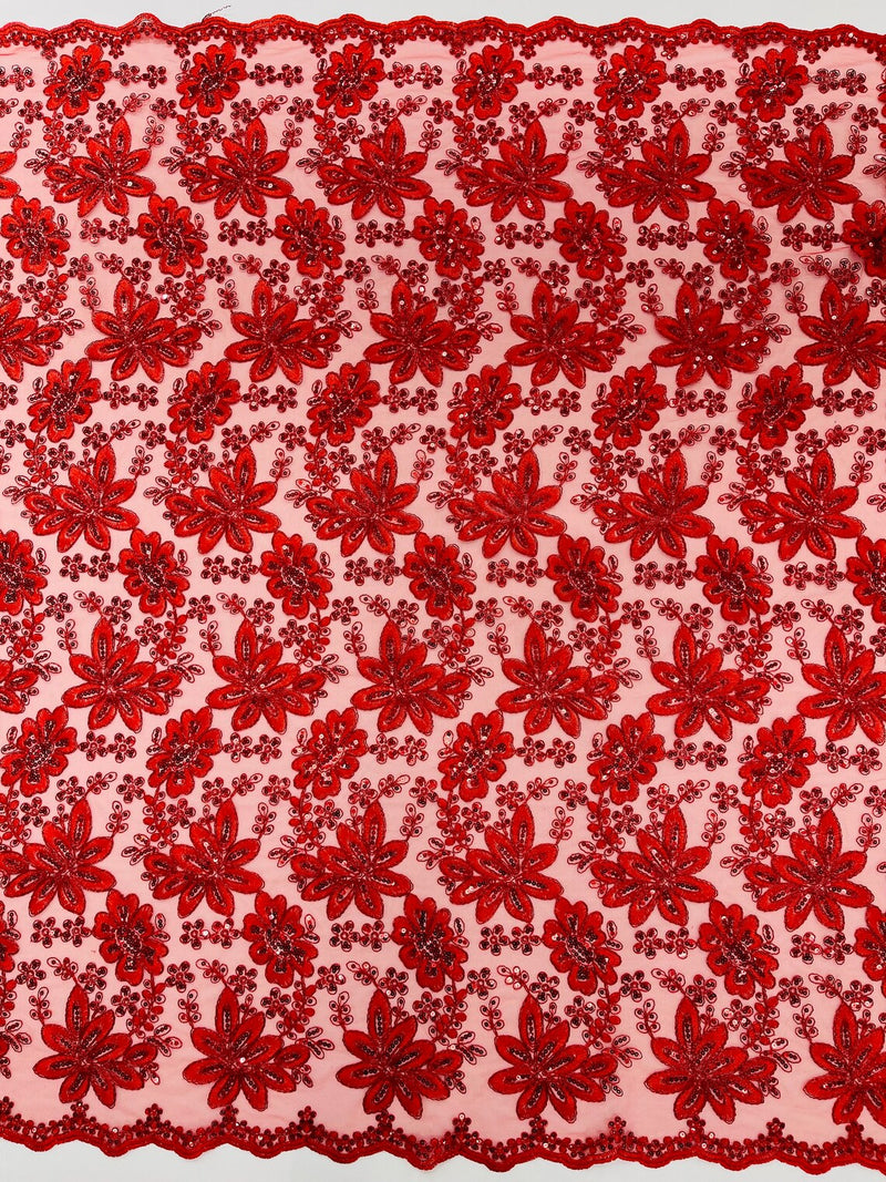 Metallic Floral Lace Fabric - Red - Hologram Sequins Floral Metallic Thread Fabric by Yard