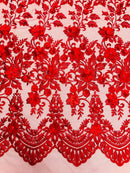 3D Scalloped Floral Fabric - Red - Embroidered Floral Design on Lace Sold By Yard
