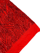 Curvy Design Sequins Fabric - Red - 4 Way Stretch Curvy Sequins Design Mesh Fabric by Yard