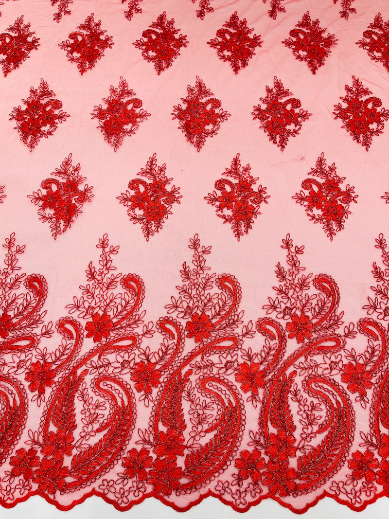 Metallic Paisley Floral Lace - Red - Corded Floral Lace with Metallic Thread on Mesh By Yard