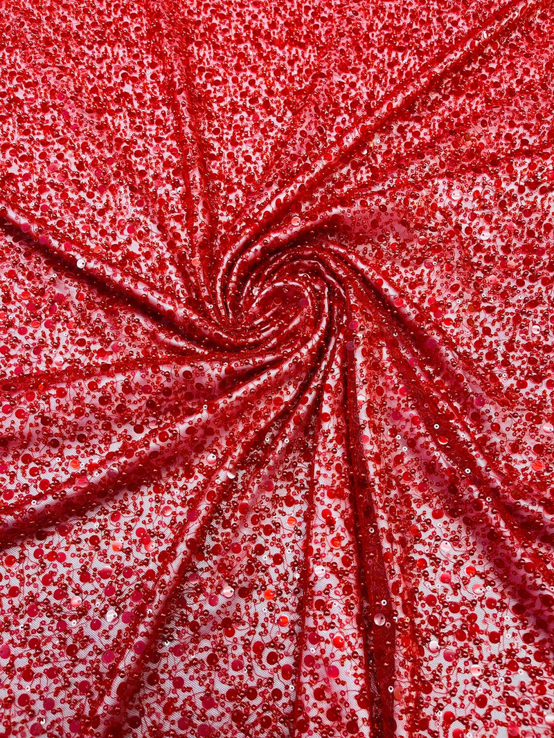 Pearl Sequins Heavy Fabric - Red - Heavy Duty Handmade Embroidery Lace Sequins By Yard