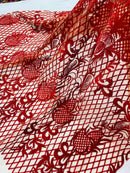 Damask Diamond Net Lace Fabric - Red - Damask Design Embroidered on Lace Mesh Fabric by Yard