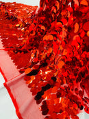 Oval Jumbo Paillette Sequins - Red - Big Oval Paillette Sequins Design Fabric By Yard