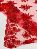 3D Floral Valentina Lace Fabric - Red  - Sequins and Beads on Flower Design Fabric By Yard